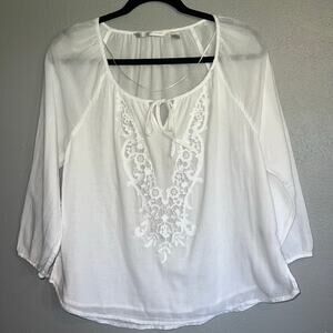White Long Sleeve Lace Crochet Boho Top Medium White Embroidered Peasant Blouse